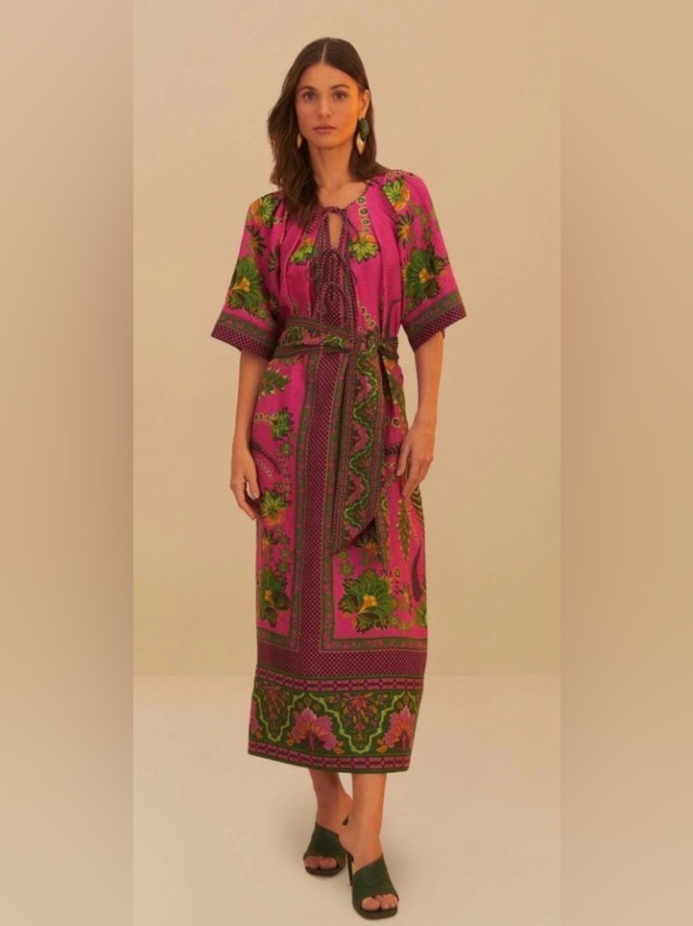 FARM Rio Pink Floral Maxi Dress with Green Accents